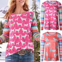 Cute Animal Printed Long Sleeve Round Neck T-shirt 