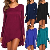 Fashion Solid Color Long Sleeve V-neck Irregular Hem Dress