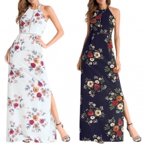 Sexy Backless Slit Hem High Waist Printed Halter Dress