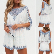 Sexy Off-shoulder 3/4 Sleeve Round Neck Printed Romper 