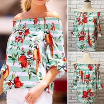 Sexy Off-shoulder Boat Neck Half Sleeve Printed Top 
