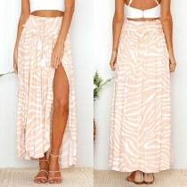 Fashion High Waist Slit Hem Printed Skirt 