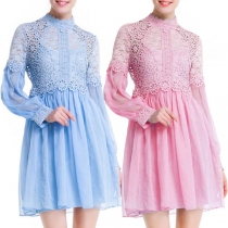 Sexy Lace Spliced Long Sleeve Stand Collar Solid Color Dress