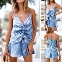 Sexy Backless V-neck Printed Cami Top + Shorts Two-piece Set