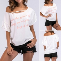 Sexy Off-shoulder Dolman Sleeve Letters Printed T-shirt 