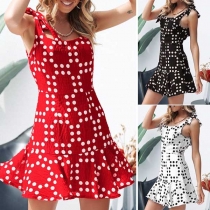 Sexy Backless Sleeveless Ruffle Hem Dots Printed Dress