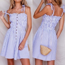 Sexy Backless Single-breasted Sling Striped Dress