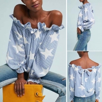 Sexy Off-shoulder Boat Neck Lantern Sleeve Striped Blouse