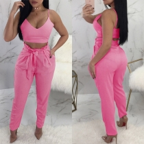 Sexy Backless V-neck Sling Crop Top +High Waist Pants Two-piece Set 