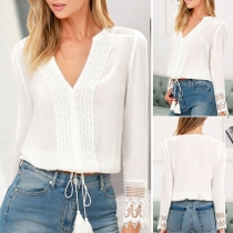 Fashion Solid Color Long Sleeve V-neck Lace Spliced Blouse