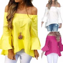 Sexy Off-shoulder Boat Neck Trumpet Sleeve Solid Color Top 