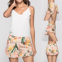 Fashion High Waist Ruffle Hem Printed Shorts 