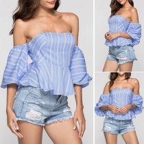Sexy Off-shoulder Lantern Sleeve Ruffle Hem Striped Top 