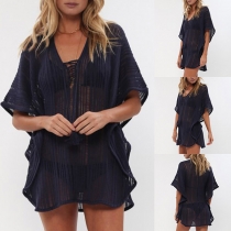 Sexy Short Sleeve V-neck Solid Color Hollow Out Knit Smock 