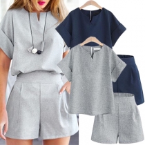 Fashion Solid Color Short Sleeve Top + Shorts Two-piece Set 