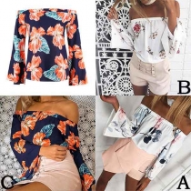 Sexy Off-shoulder Boat Neck Trumpet Sleeve Printed Top 