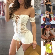 Sexy Off-shoulder Solid Color Knit One-piece Swimsuit