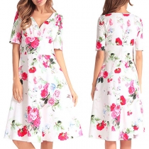 Sweet Style Short Sleeve V-neck High Waist Printed Dress