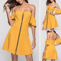 Sexy Off-shoulder Lotus Sleeve Front-zipper Slim Fit Dress