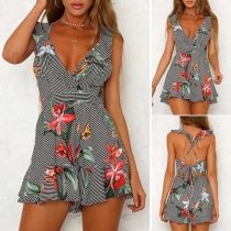Sexy Backless Deep V-neck Sleeveless High Waist Printed Romper 