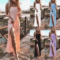 Sexy Backless Slit Hem Solid Color Sling Dress