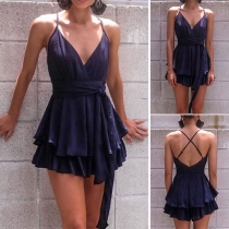 Sexy Backless Deep V-neck Ruffle Hem Sling Romper 
