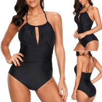 Sexy Backless Solid Color Halter One-piece Swimsuit 