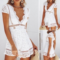 Sexy Backless Deep V-neck Short Sleeve High Waist Lace Romper 