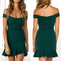 Sexy Off-shoulder Boat Neck Ruffle Hem Solid Color Party Dress