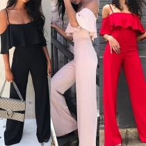 Sexy Off-shoulder Ruffle High Waist Solid Color Sling Jumpsuit