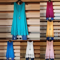 Fashion Solid Color Sleeveless Round Neck Lace Spliced Hem T-shirt