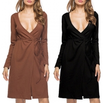 Sexy Deep V-neck Long Sleeve Solid Color Lace-up Dress  