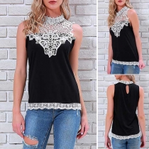   Fashion Sleeveless Mock Neck Lace Spliced T-shirt