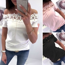 Sexy Lace Spliced Boat Neck Short Sleeve Solid Color T-shirt 