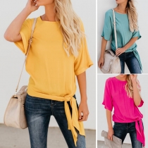 Fashion Half Sleeve Lace-up Hem Solid Color T-shirt 