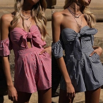 Sexy Off-shoulder Short Sleeve High Waist Plaid Romper 