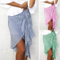 Fashion High Waist Irregular Hem Bowknot Lace-up Striped Skirt 