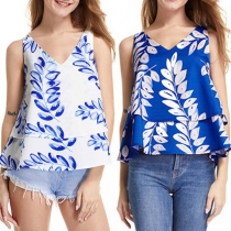 Fashion Sleeveless V-neck Double-layer Hem Printed Top  