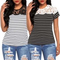  Fashion Lace Spliced Short Sleeve Round Neck Striped T-shirt 