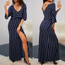 Sexy V-neck Slit Hem Short Sleeve Striped Dress