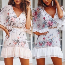 Sexy V-neck Trumpet Sleeve Ruffle Hem Printed Dress