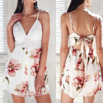 Sexy Backless V-neck High Waist Lace Spliced Printed Romper 