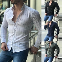 Fashion Long Sleeve POLO Collar Men's Striped Shirt 