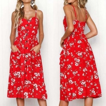 Sexy Backless Single-breasted Printed Sling Dress
