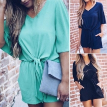 Fashion Solid Color Short Sleeve V-neck Romper