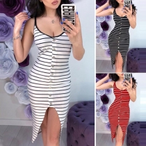 Sexy Backless Slit Hem Single-breasted Sling Striped Tight Dress