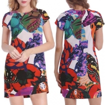 Fashion Short Sleeve Round Neck Colorful Printed Dress