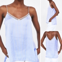 Sexy Backless V-neck Slit Hem Lace Spliced Striped Cami Top 
