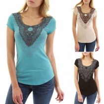 Fashion Short Sleeve Round Neck Lace Spliced Printed T-shirt 