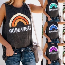 Fashion Rainbow Printed Round Neck Loose Tank Top 